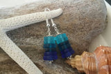 Handmade in Hawaii, Three shades of blue  sea glass earrings,    gift box.beach jewelry