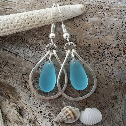 Hawaiian Jewelry Sea Glass Earrings, Hammered Wire Loop Turquoise Earrings Blue Earrings, Sea Glass Jewelry (December Birthstone Jewelry)