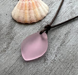 Hawaiian Jewelry Sea Glass Necklace, Puff Pink Necklace Leather Cord Necklace, Unisex Sea Glass Jewelry Birthday Gift (October Birthstone)