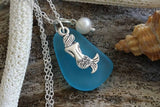 Handmade in Hawaii, Blue sea glass necklace, Mermaid  charm , Fresh water  pearl,   gift box, Gifts for her.