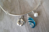 Hawaiian Jewelry Sea Glass Bracelet, Teal Bracelet Hibiscus Pearl Beach Bracelet Sea Glass Jewelry For Women, Beach Bracelet For Beach Girls