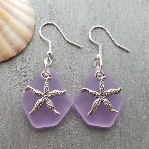 Handmade in Hawaii, TWIN STARFISH "Magical Color Changing" purple sea glass earringsl, Hawaii Gift Wrapped, gift message