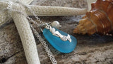 Handmade in Hawaii, Blue sea glass necklace, Mermaid  charm , Fresh water  pearl,   gift box, Gifts for her.