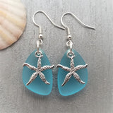 Handmade in Hawaii, Turquoise bay blue "Twin Starfish" sea glass earrings, Starfish charm, Beach jewelry gift