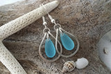 Hawaiian Jewelry Sea Glass Earrings, Hammered Wire Loop Turquoise Earrings Blue Earrings, Sea Glass Jewelry (December Birthstone Jewelry)