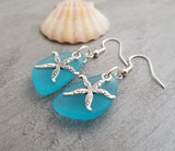 Handmade in Hawaii, Turquoise bay blue "Twin Starfish" sea glass earrings, Starfish charm, Beach jewelry gift