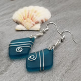 Hawaiian Jewelry Sea Glass Earrings, Wire Teal Earrings,  Beach Jewelry Sea Glass Jewelry Unique Earrings
