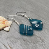 Hawaiian Jewelry Sea Glass Earrings, Wire Teal Earrings,  Beach Jewelry Sea Glass Jewelry Unique Earrings