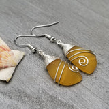 Hawaiian Jewelry Sea Glass Earrings, Top Wire Yellow Blue Earrings, Fun Beach Jewelry For Women Birthday Gift (November Birthstone Jewelry)