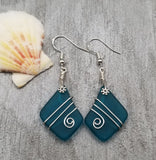 Hawaiian Jewelry Sea Glass Earrings, Wire Teal Earrings,  Beach Jewelry Sea Glass Jewelry Unique Earrings
