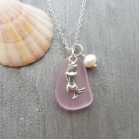 Hawaiian Jewelry Sea Glass Necklace, Pink Necklace Mermaid Necklace Pearl Beach Sea Glass Jewelry Birthday Gift For Girl(October Birthstone)