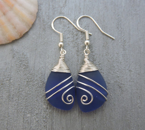 Hawaiian Jewelry Sea Glass Earrings, Top Wire Cobalt Blue Earrings, Fun Beach Jewelry For Women Birthday Gift (September Birthstone Jewelry)