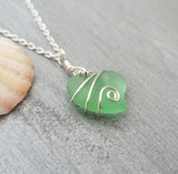 Hawaiian Jewelry Sea Glass Necklace, Wire Peridot Necklace Green Necklace Heart necklace, Sea Glass Jewelry Birthday Gift(August Birthstone)