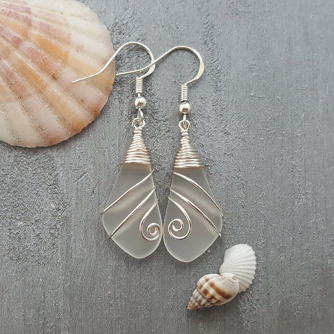 Hawaiian Jewelry Sea Glass Earrings, Wire Crystal Earrings, Sea Glass Jewelry For Women Beachy Birthday Present (April Birthstone Jewelry)