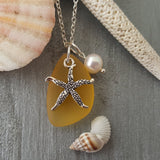 Hawaiian Jewelry Sea Glass Necklace, Starfish Necklace Topaz Yellow Necklace  Beach Sea Glass Jewelry Birthday Gift (November Birthstone)