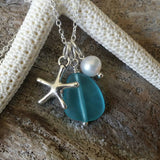 Handmade in Hawaii, Blue blue sea glass beach glass necklace,Sea start  charm, Fresh water pearl, . Beach jewelry.