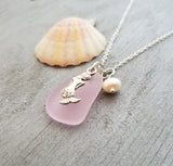 Hawaiian Jewelry Sea Glass Necklace, Pink Necklace Mermaid Necklace Pearl Beach Sea Glass Jewelry Birthday Gift For Girl(October Birthstone)
