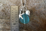 Handmade in Hawaii, Blue blue sea glass beach glass necklace,Sea start  charm, Fresh water pearl, . Beach jewelry.