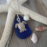 Design and handmade in Hawaii, Cobalt blue sea glass necklace, Sea turtle charm, Natural Pearl, "September Birthstone"