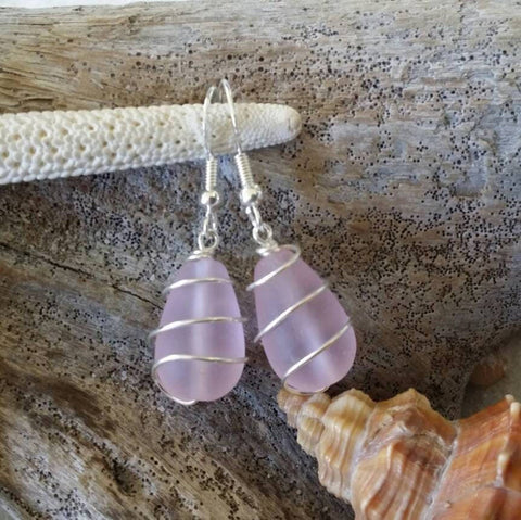 Hawaiian Jewelry Sea Glass Earrings, Wire Pink Earrings, Sea Glass Jewelry For Women Beach Jewelry Birthday Gift(October Birthstone Jewelry)