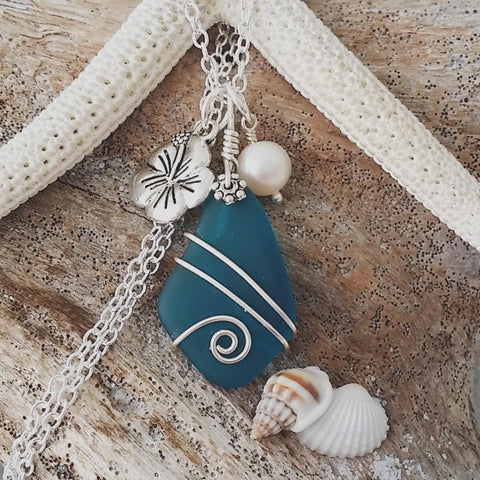 Hawaiian Jewelry Sea Glass Necklace, Wire Wrapped Necklace Teal Necklace, Hibiscus Pearl Necklace Beach Jewelry Sea Glass Jewelry For Women