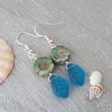 Handmade in Hawaii, Bohemian glass Hawaiian Flower bead with sea glass carved leaf, beautiful earrings with matching necklace in my store