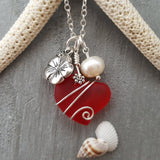 Hawaiian Jewelry Sea Glass Necklace, Wire Red Necklace Heart Necklace, Hibiscus Pearl Necklace, Beach Jewelry (January Birthstone Jewelry)