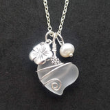 Hawaiian Jewelry Sea Glass Necklace, Wire Heart Necklace Crystal Necklace Hibiscus Pearl Necklace, Beach Jewelry (April Birthstone Jewelry)