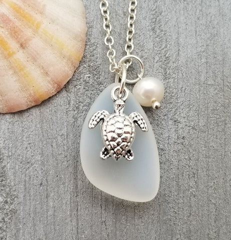 Hawaiian Jewelry Sea Glass Necklace,  Moonstone Necklace Turtle Necklace Pearl Necklace, Sea Glass Jewelry Birthday Gift (June Birthstone)