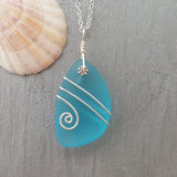 Hawaiian Jewelry Sea Glass Necklace, "A Larger Piece" Wire Turquoise Necklace Blue Necklace, Beach Jewelry For Women (December Birthstone)