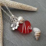 Hawaiian Jewelry Sea Glass Necklace, Wire Red Necklace Heart Necklace, Hibiscus Pearl Necklace, Beach Jewelry (January Birthstone Jewelry)