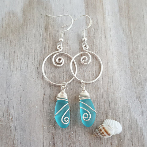 Made in Hawaii, wire loop swirls Turquoise Bay blue sea glass earrings,    Beach jewelry gift.