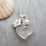 Hawaiian Jewelry Sea Glass Necklace, Wire Heart Necklace Crystal Necklace Hibiscus Pearl Necklace, Beach Jewelry (April Birthstone Jewelry)