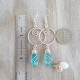 Made in Hawaii, wire loop swirls Turquoise Bay blue sea glass earrings,    Beach jewelry gift.