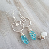 Made in Hawaii, wire loop swirls Turquoise Bay blue sea glass earrings,    Beach jewelry gift.