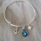 Handmade in Hawaii, wire wrapped blue sea glass bracelet,anchor charm,  Sea glass jewelry, Mother's Day Gifts,Hawaiian jewelry.