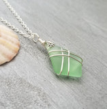 Hawaiian Jewelry Sea Glass Necklace, Wire Cross Peridot Necklace Green Necklace, Sea Glass Jewelry Birthday Gift (August Birthstone Jewelry)