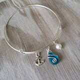 Handmade in Hawaii, wire wrapped blue sea glass bracelet,anchor charm,  Sea glass jewelry, Mother's Day Gifts,Hawaiian jewelry.