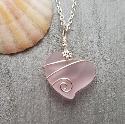 Hawaiian Jewelry Sea Glass Necklace, Wire Heart Necklace Pink Necklace, Sea Glass Jewelry Beach Jewelry Birthday Gift (October Birthstone)
