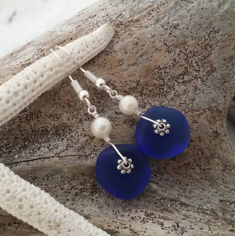 Handmade in Hawaii, Cobalt blue sea glass earrings, Natural pearl,  "September Birthstone",  gift for her. Sea glass  jewelry