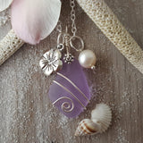 Wire wrapped  "Magical Color Changing" Purple sea glass necklace, "Feb Birthstone", Hawaii State Flower Hibiscus charm, natural pearl