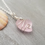 Hawaiian Jewelry Sea Glass Necklace, Wire Heart Necklace Pink Necklace, Sea Glass Jewelry Beach Jewelry Birthday Gift (October Birthstone)