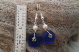Handmade in Hawaii, Cobalt blue sea glass earrings, Natural pearl,  "September Birthstone",  gift for her. Sea glass  jewelry