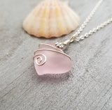 Hawaiian Jewelry Sea Glass Necklace, Wire Heart Necklace Pink Necklace, Sea Glass Jewelry Beach Jewelry Birthday Gift (October Birthstone)