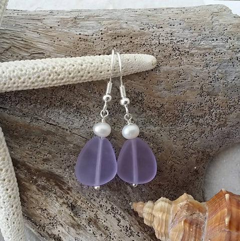 Handmade in Hawaii, "Magical Color Changing" Purple sea glass earrings, Natural pearl