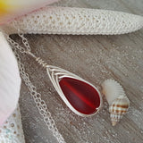 Hawaiian Jewelry Sea Glass Necklace, Braided Ruby Necklace Red Necklace Teardrop Necklace, Sea Glass Jewelry Birthday Gift (July Birthstone)
