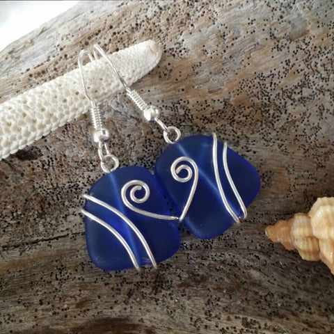 Hawaiian Jewelry Sea Glass Earrings, Wire Cobalt Blue Earrings, Unique Beach Jewelry Birthday Gift For Women (September Birthstone Jewelry)