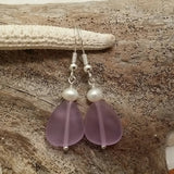 Handmade in Hawaii, "Magical Color Changing" Purple sea glass earrings, Natural pearl