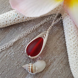 Hawaiian Jewelry Sea Glass Necklace, Braided Ruby Necklace Red Necklace Teardrop Necklace, Sea Glass Jewelry Birthday Gift (July Birthstone)