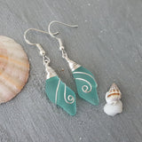 Hawaiian Jewelry Sea Glass Earrings, Wire Wave Aquamarine Earrings, Beach Jewelry Sea Glass Jewelry Unique Earrings(March Birthstone Jewelry